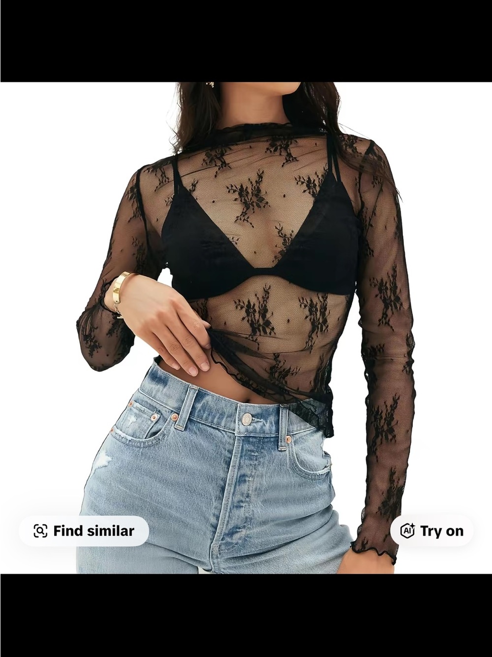 Sheer Black Floral Lace Long-Sleeve Top